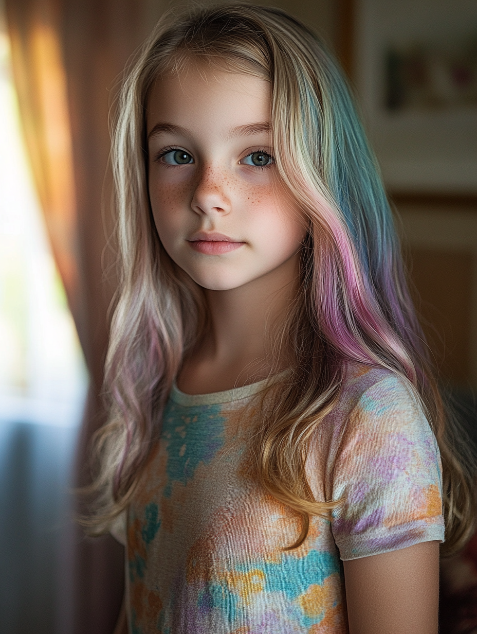 Portrait of chubby 12-year-old girl with colorful hair.