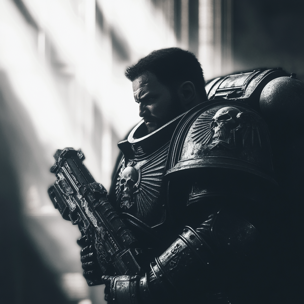 Portrait of exhausted Warhammer Space Marine in holy atmosphere.