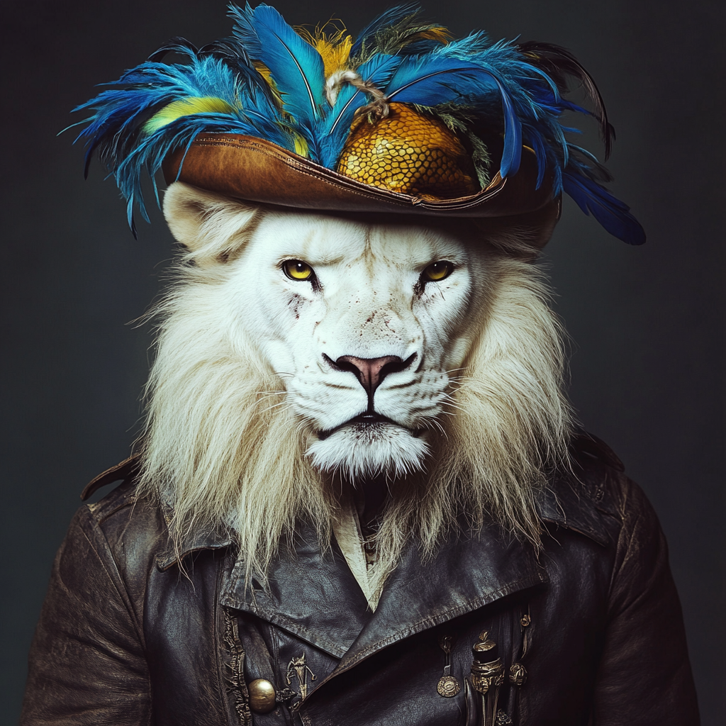 Portrait of fierce lion wearing fantasy armor hat.