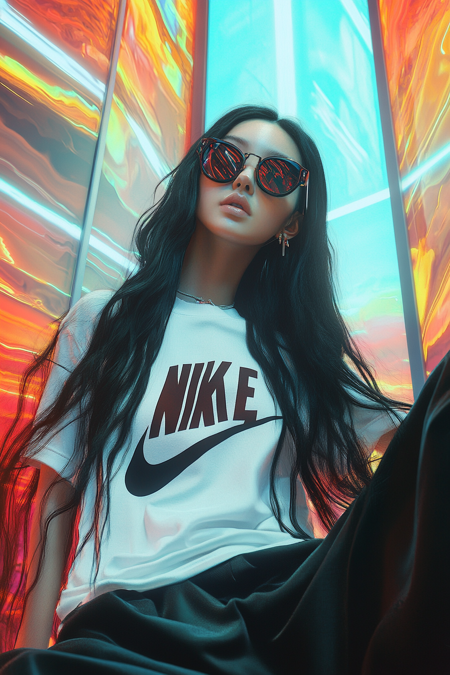 Portrait of girl in Nike sneakers and sunglasses, futuristic vibe