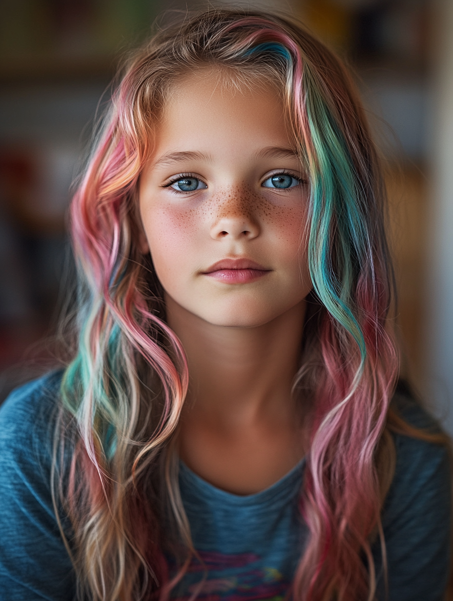 Portrait of girl with colorful hair in cozy room.