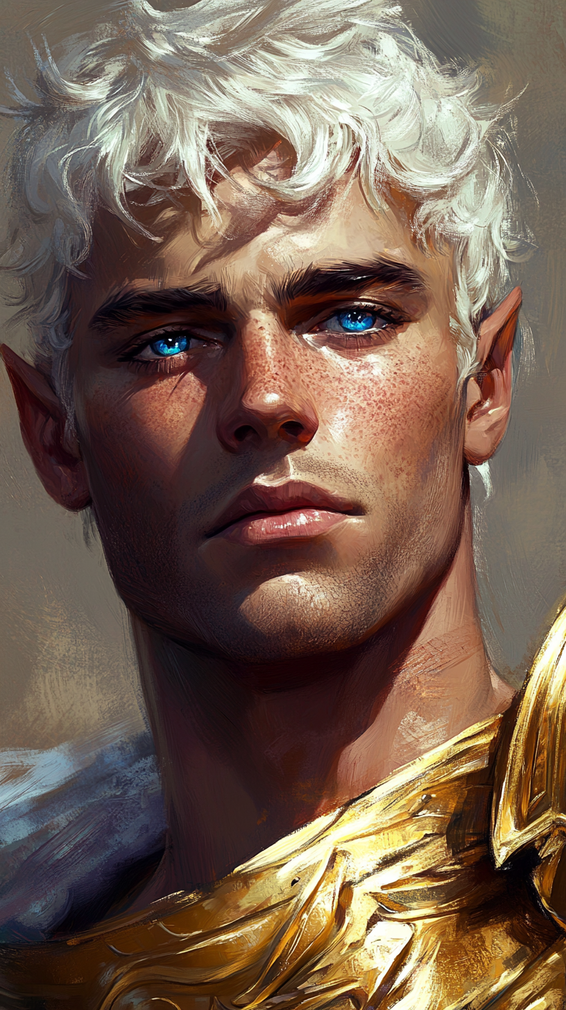 Portrait of half-orc with white hair, blue and gold eyes.