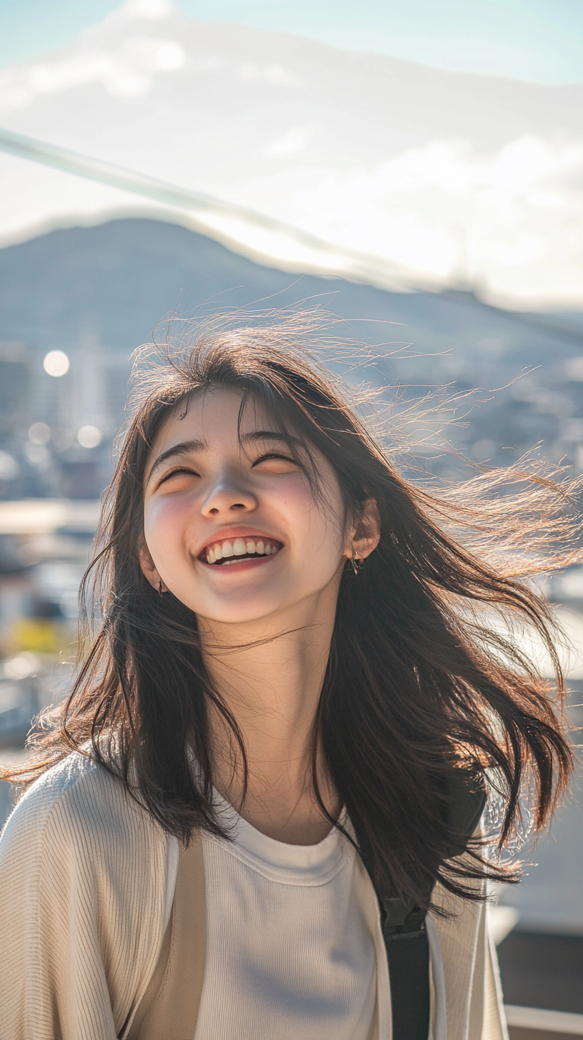 Portrait of happy Japanese student walking in Nagasaki streets.