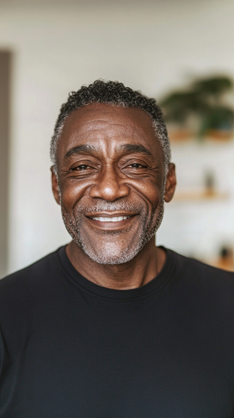 Portrait of happy old black man smiling on zoom.