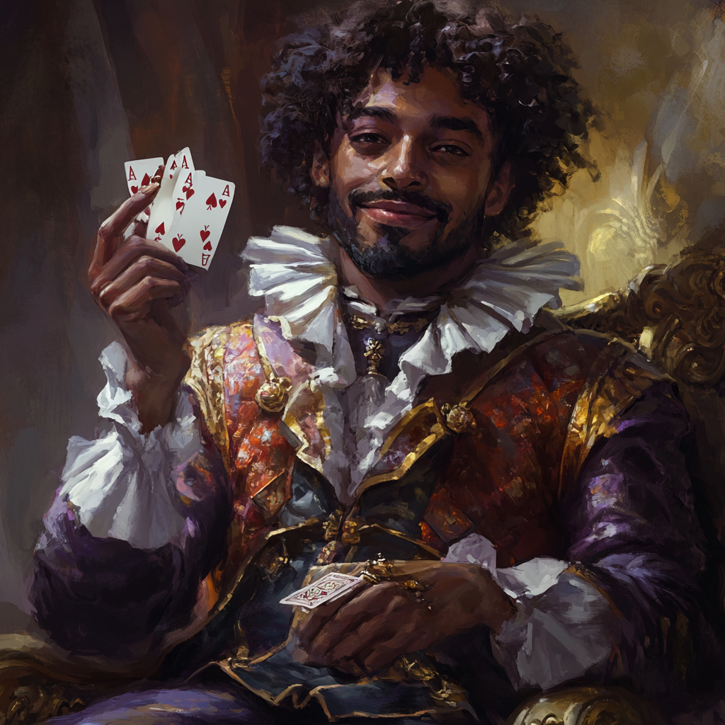 Portrait of man in jester attire with magic cards.