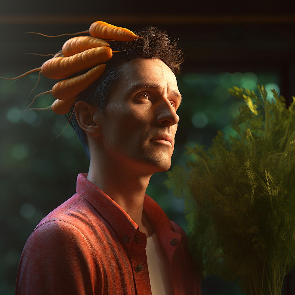 Portrait of man with carrot-shaped head, redshift render