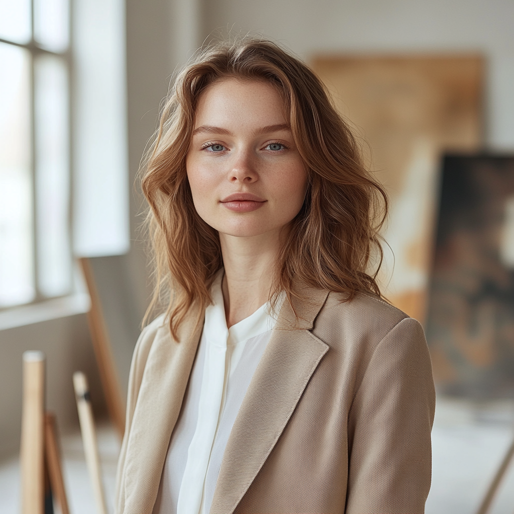 Portrait of mid-20s Caucasian woman in stylish studio.