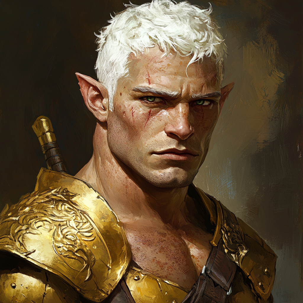 Portrait of muscular half-orc in golden elf armor