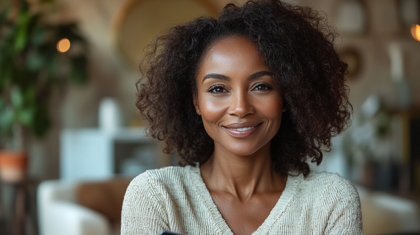 Portrait of smiling black woman with iPad in office.