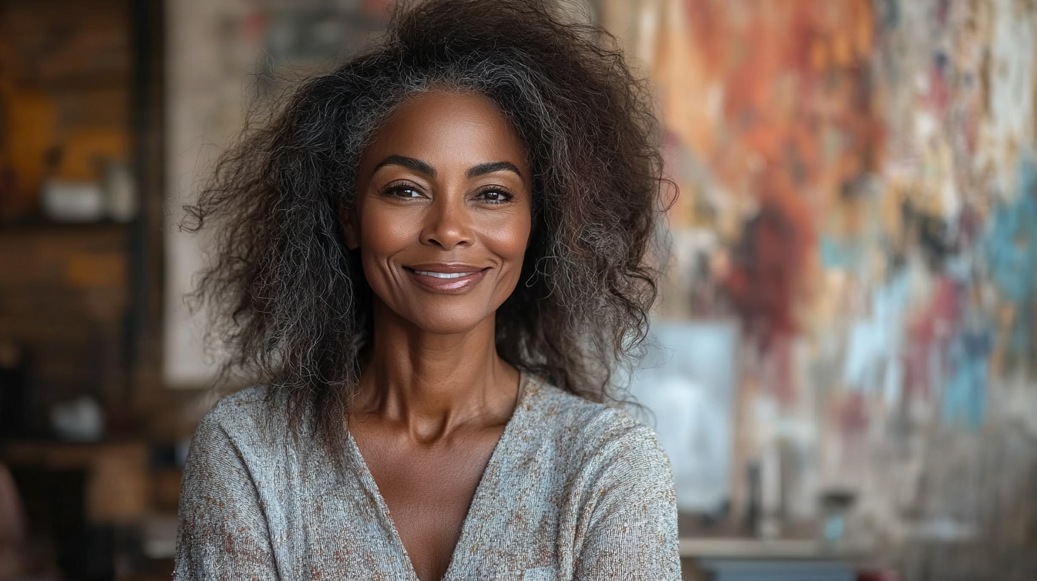 Portrait of smiling black woman with long hair sitting.