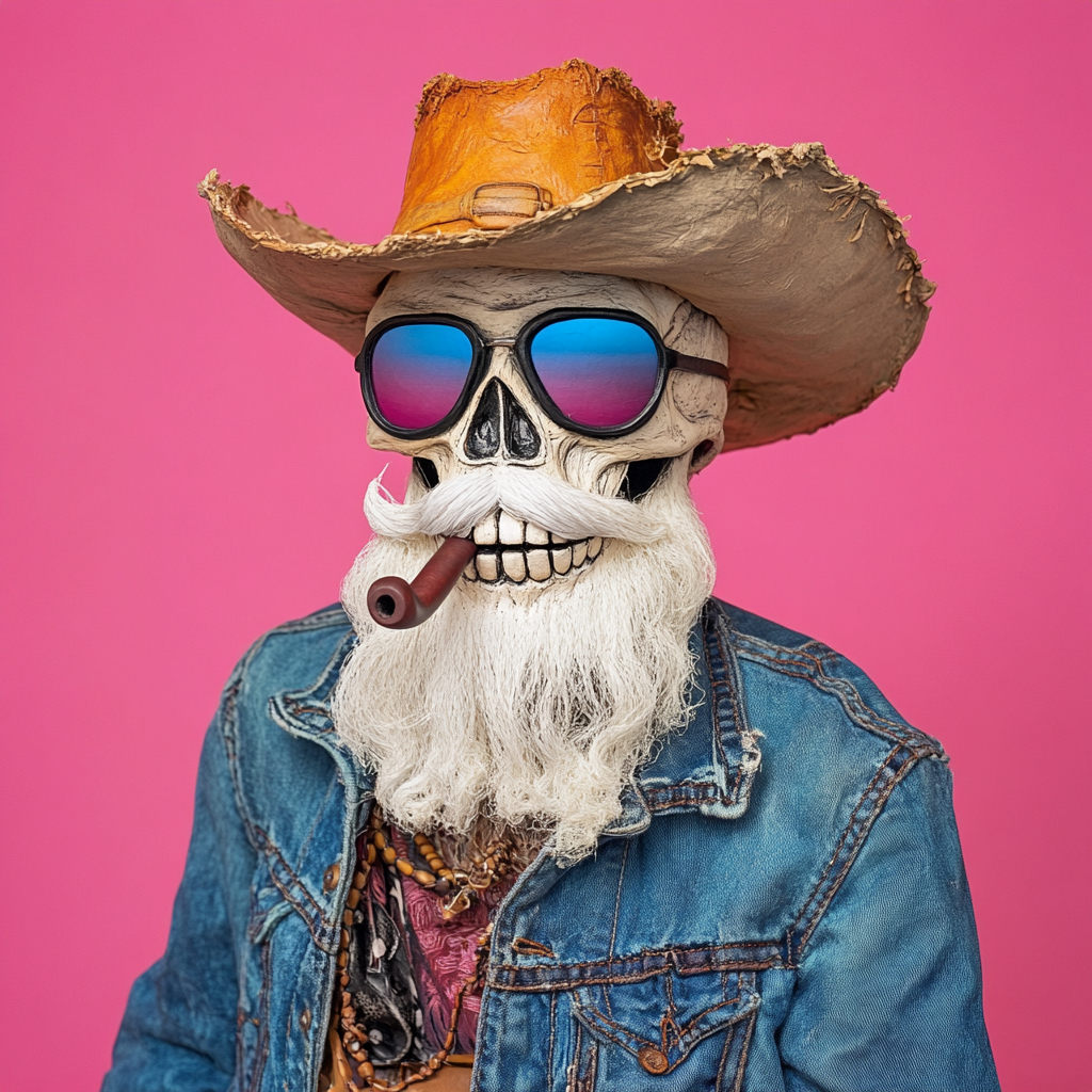 Portrait of smiling cowboy skull in pink background.