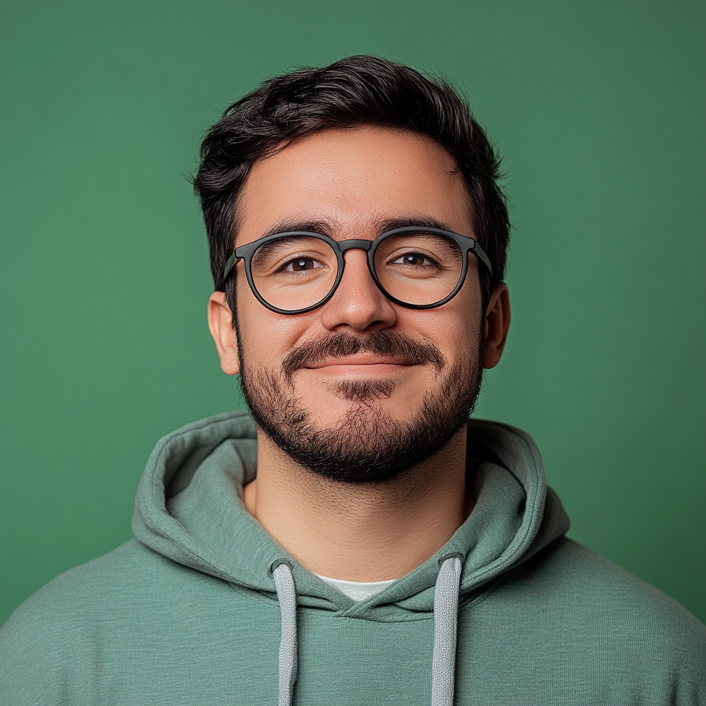 Portrait of smiling male nerd in green hoodie.