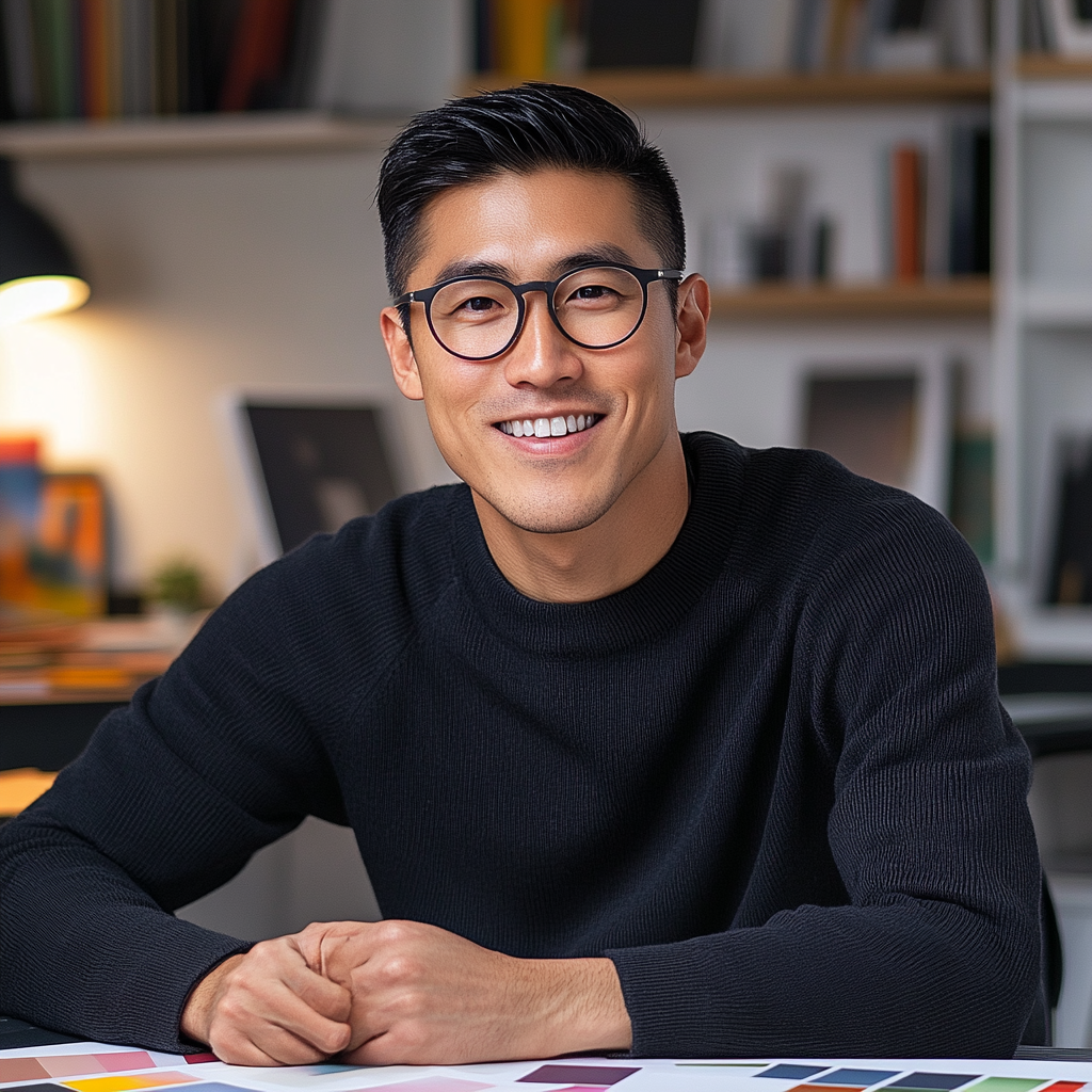 Portrait of smiling man with black hair at desk