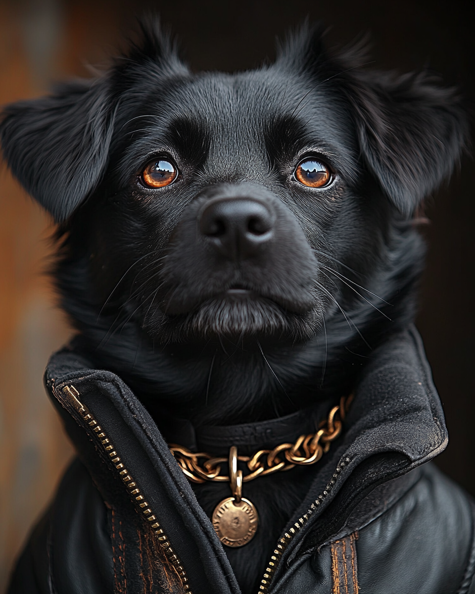 Portrait of stylish black dog in hip hop attire.