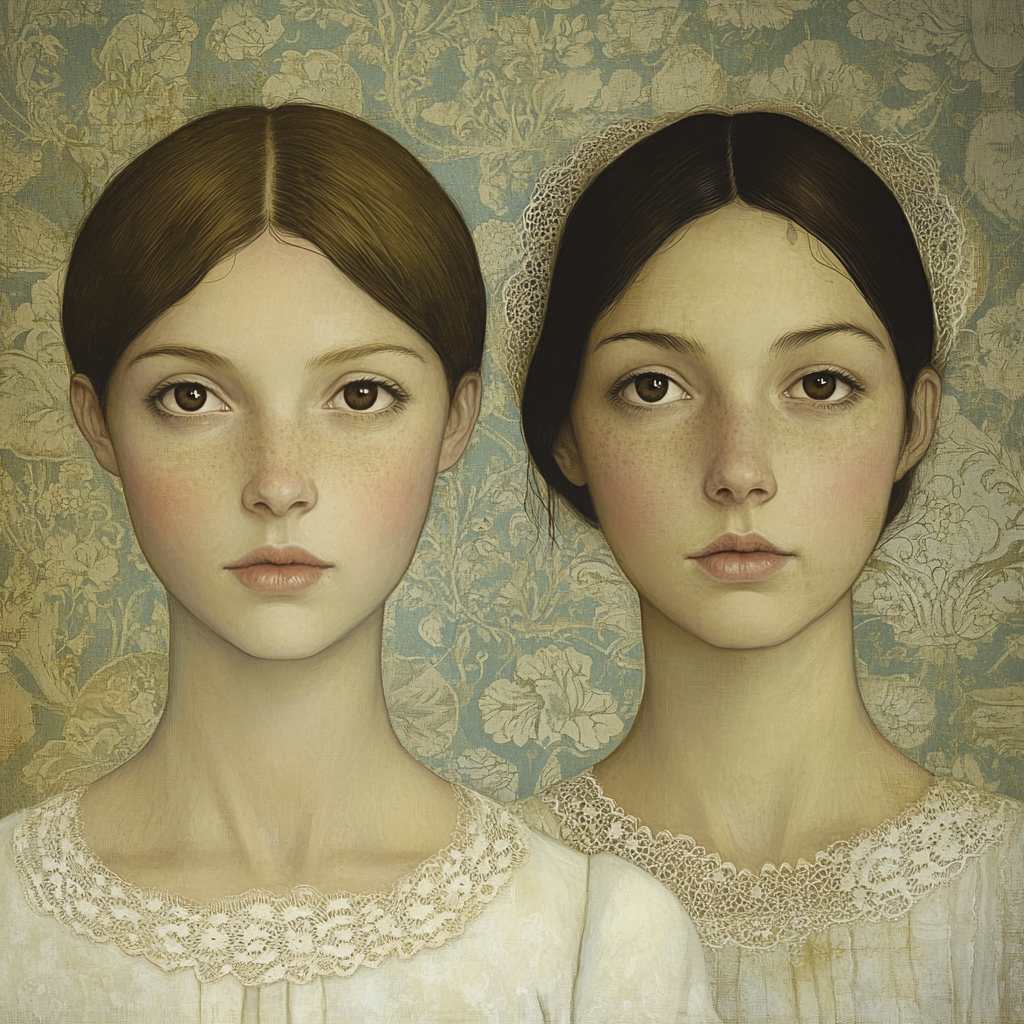 Portrait of two sisters, one blushing, in Jane Austen style.