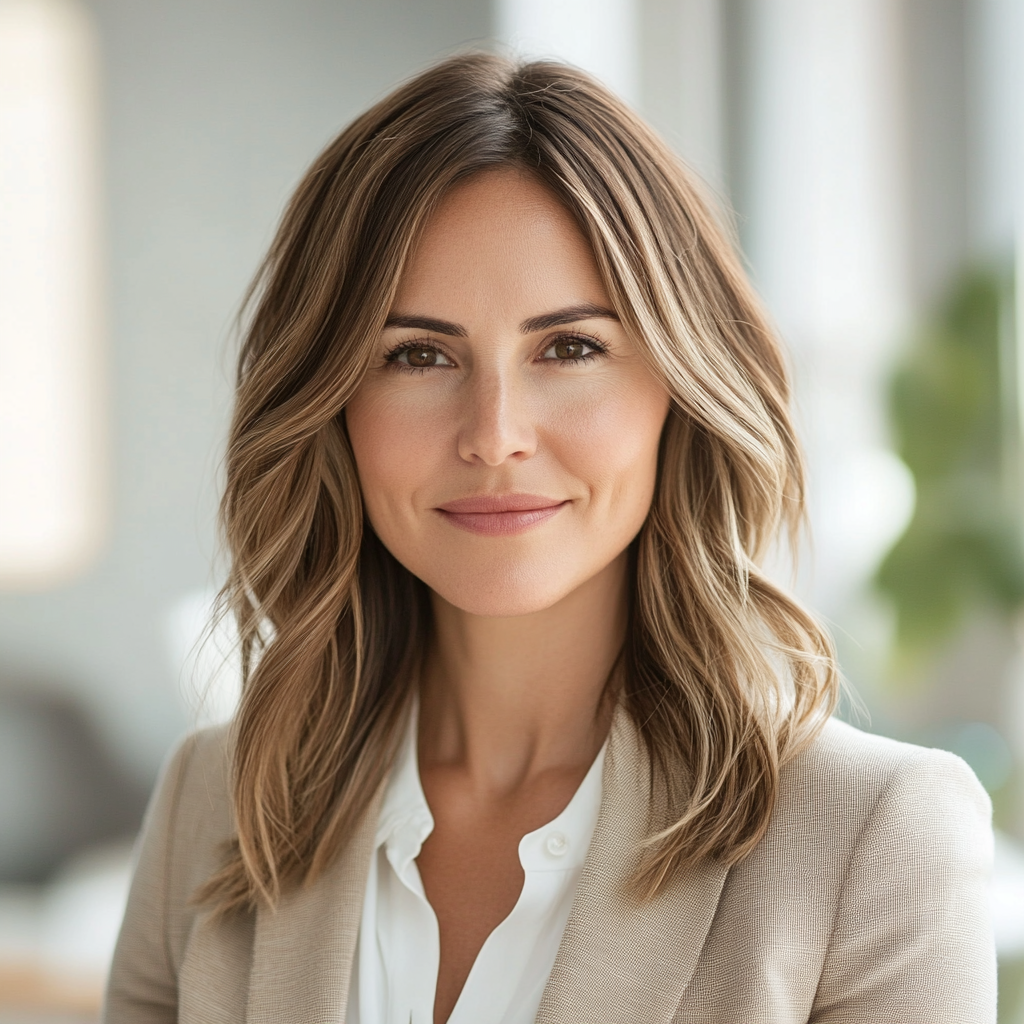 Portrait of woman with brown hair, professional expression, beige blazer