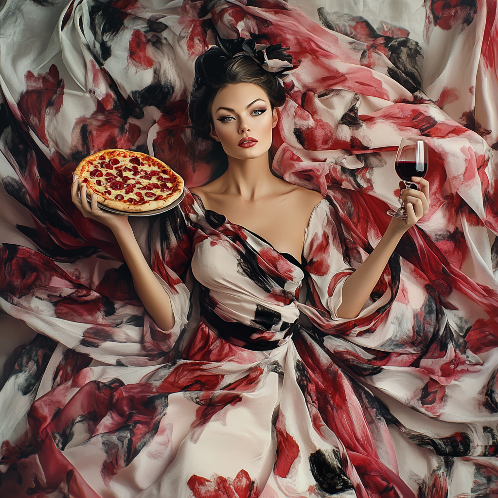 Portrait of woman with pizza, wine, elegant dress