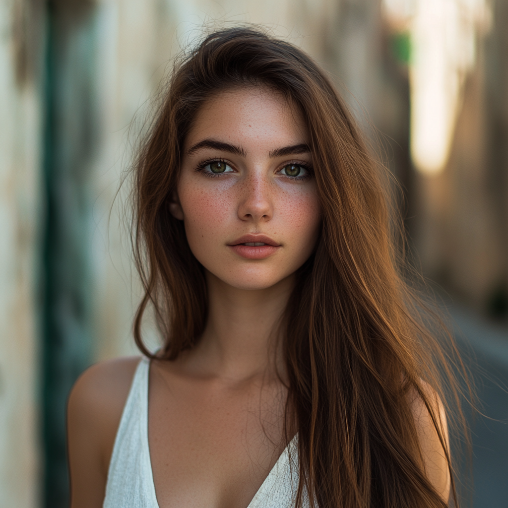 Portrait of young lady in charming old town sunset