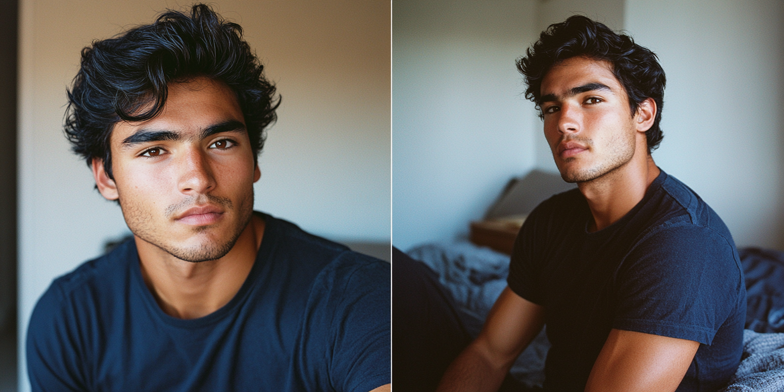 Portrait of young man in navy shirt, split.