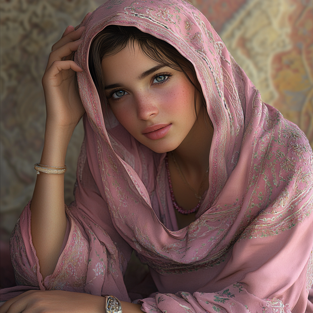 Portrait of young woman in Moroccan attire peacefully seated.