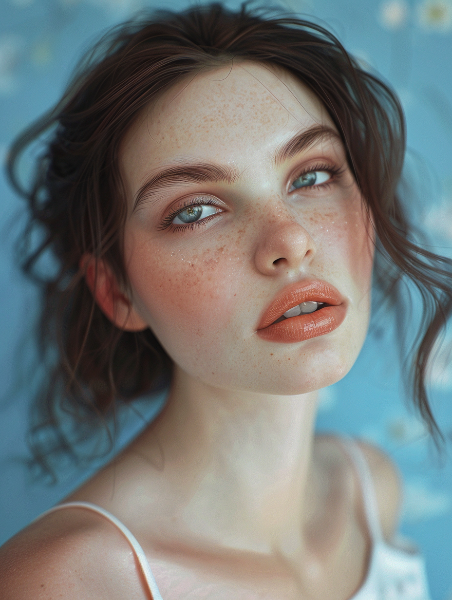 Portrait of young woman with perfect skin and neutral expression, front-facing.