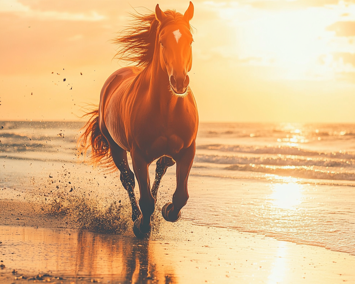 Portrait photo of horse running on beach, 1960s, artistic.