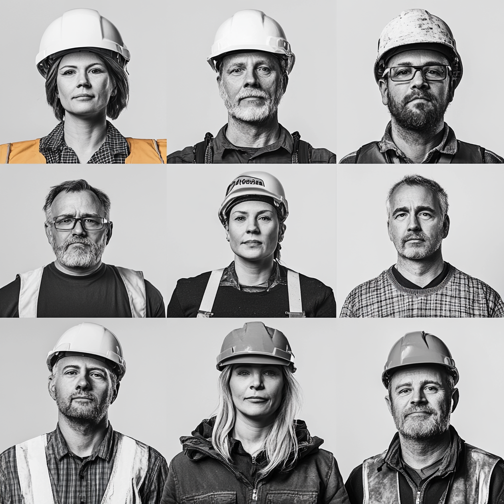 Portrait photography of construction team in black and white.