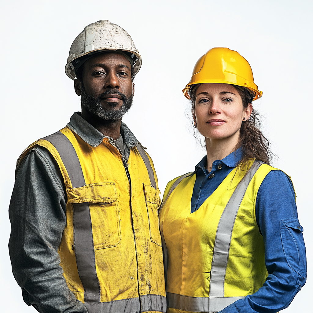 Portrait photography of construction workers and architect woman.