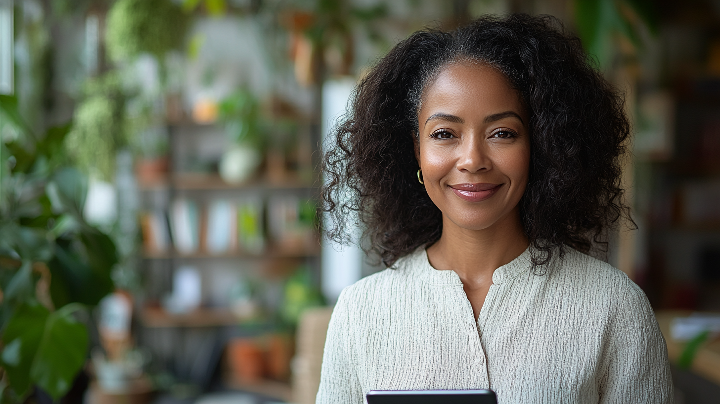 Portrait shot of smiling black woman holding iPad.