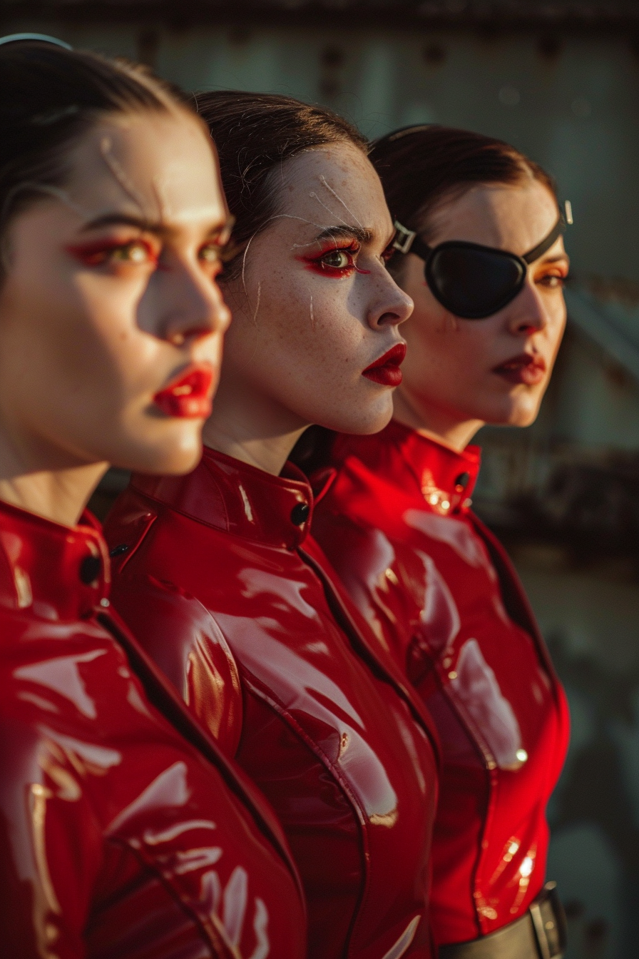 Portraits of four evil, attractive women in red latex.