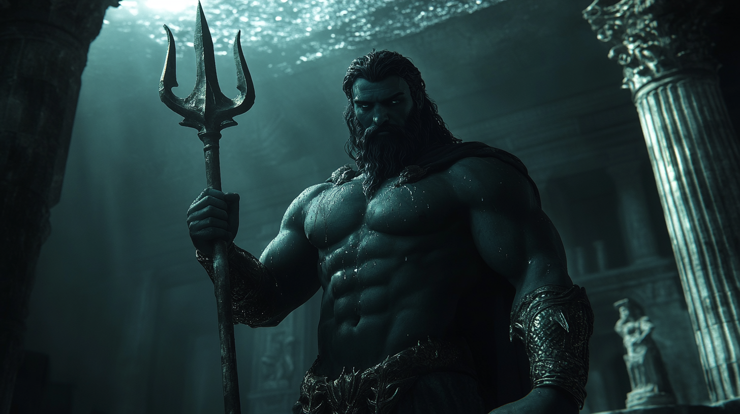 Poseidon Holding Trident in Underwater Palace