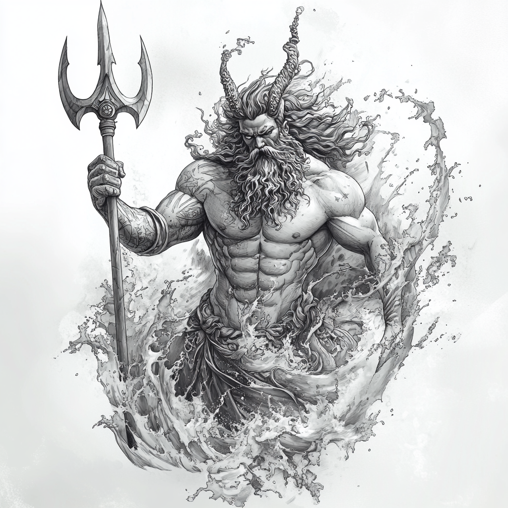 Poseidon Tattoo Design: Powerful Greek God Battle Charge 