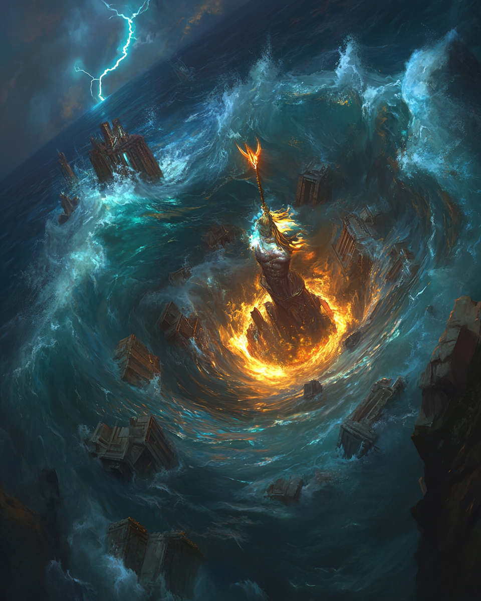 Poseidon controlling Atlantis whirlpool with glowing trident, vortex swirling.