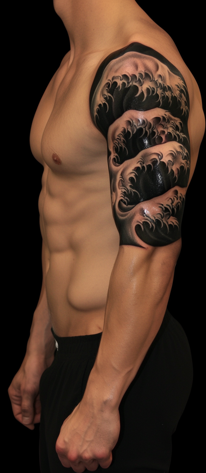 Poseidon in hyperrealistic chicano style with waves background