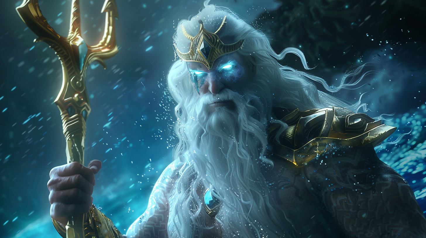 Poseidon with trident, blue eyes, white hair/beard, high resolution.