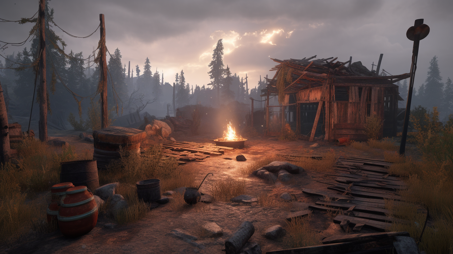 Post-Apocalyptic Rust-Inspired Landscape with Shelter, Campfire, Watchtower 