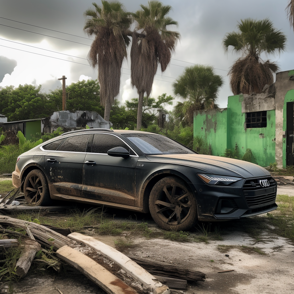 Post-apocalyptic Audi A7 with lift, machine gun, Miami decay