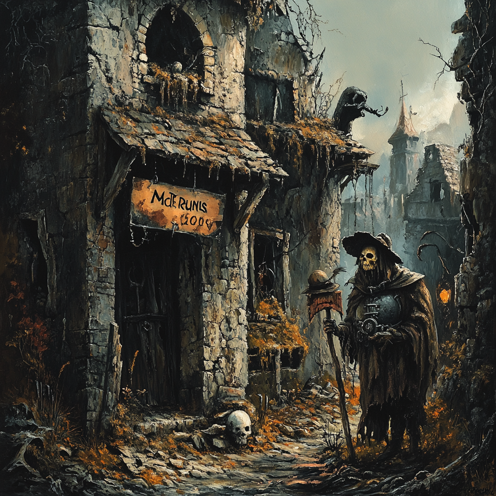 Post-apocalyptic Medieval Village Restaurant with Armor Scarecrow Entrance