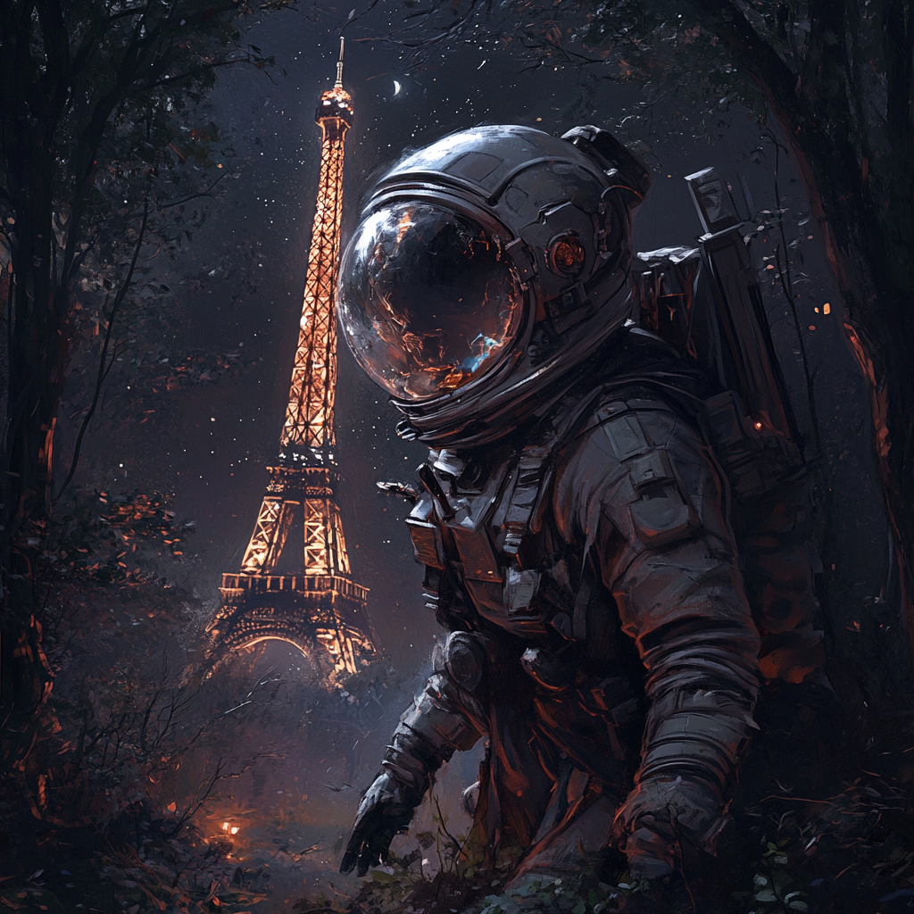 Post-apocalyptic female astronaut surrounded by nature and destruction