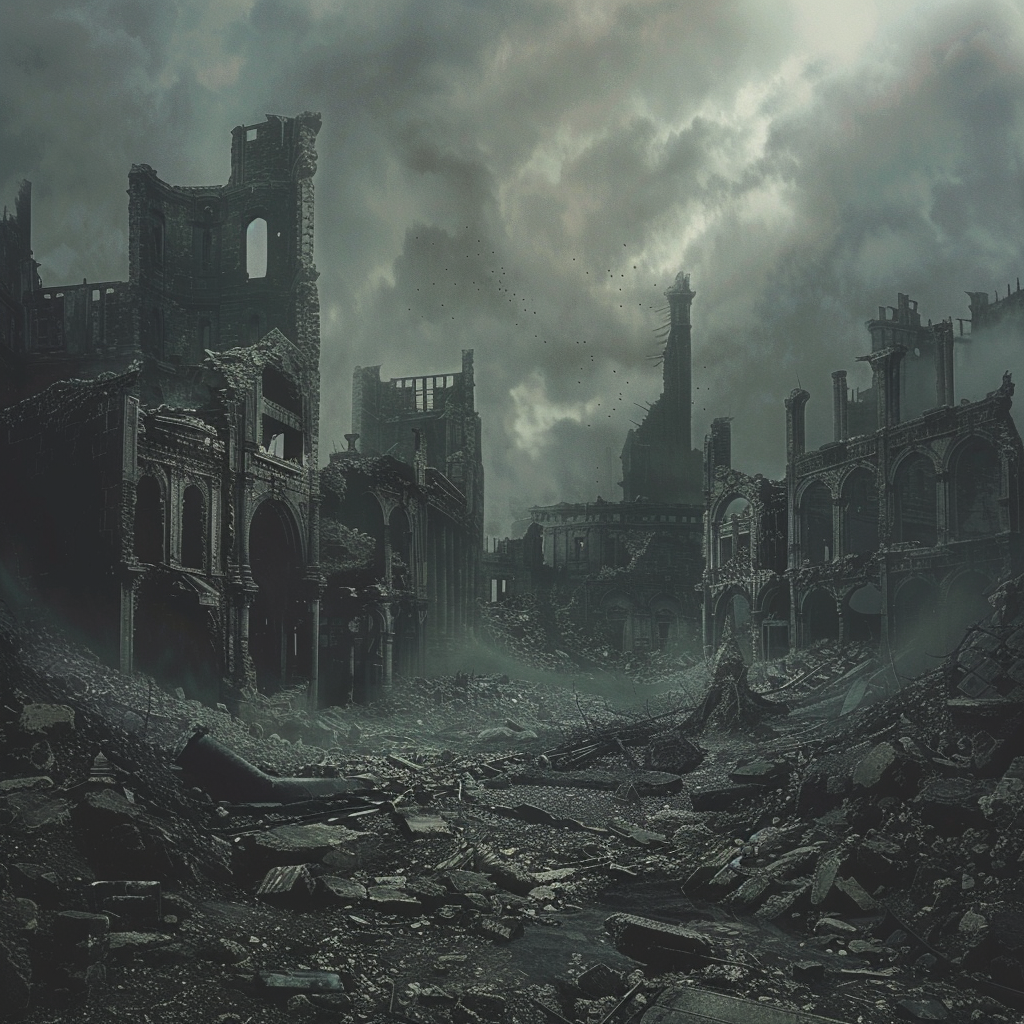 Post-apocalyptic wasteland with ruined buildings and foreboding atmosphere.