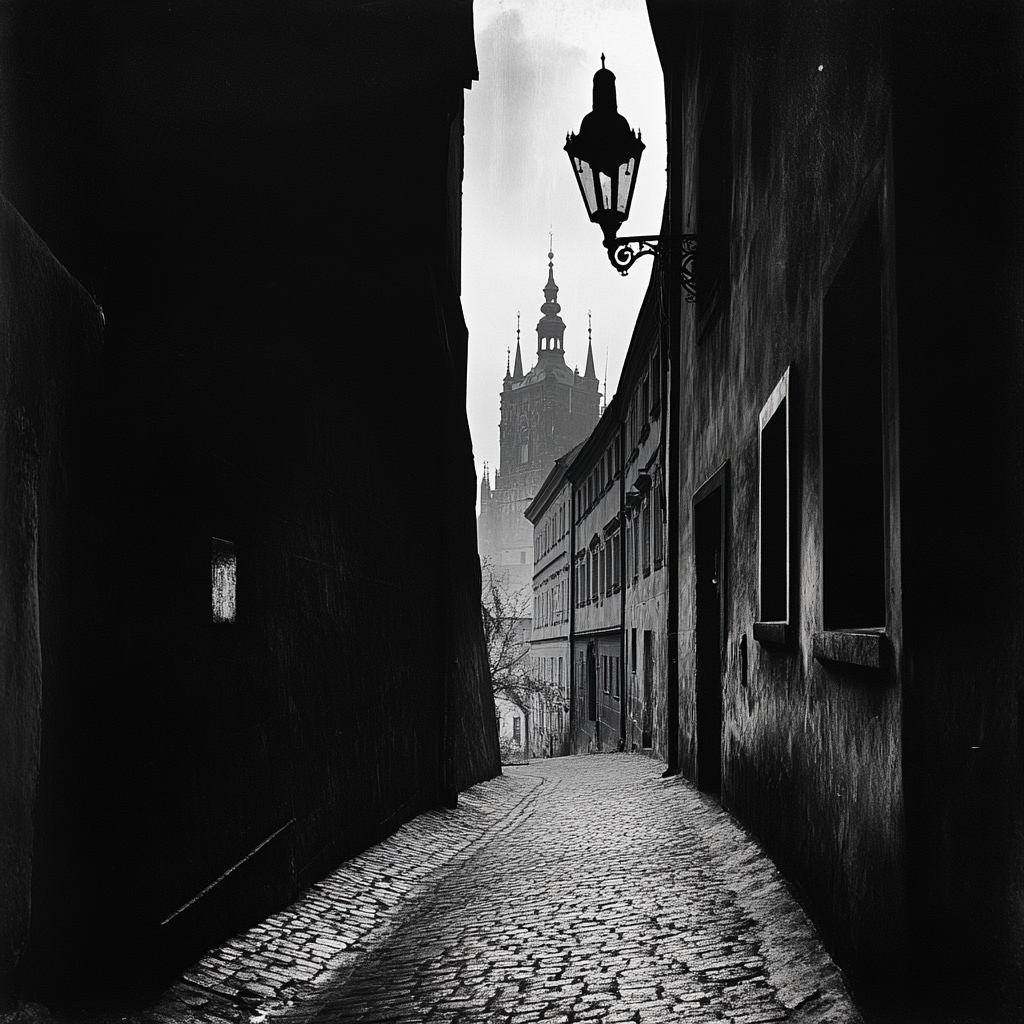 Post-war Czechoslovakia street view with famous monument.