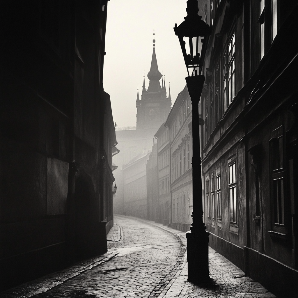 Post-war Czechoslovakia street with famous Prague monument, black-and-white.