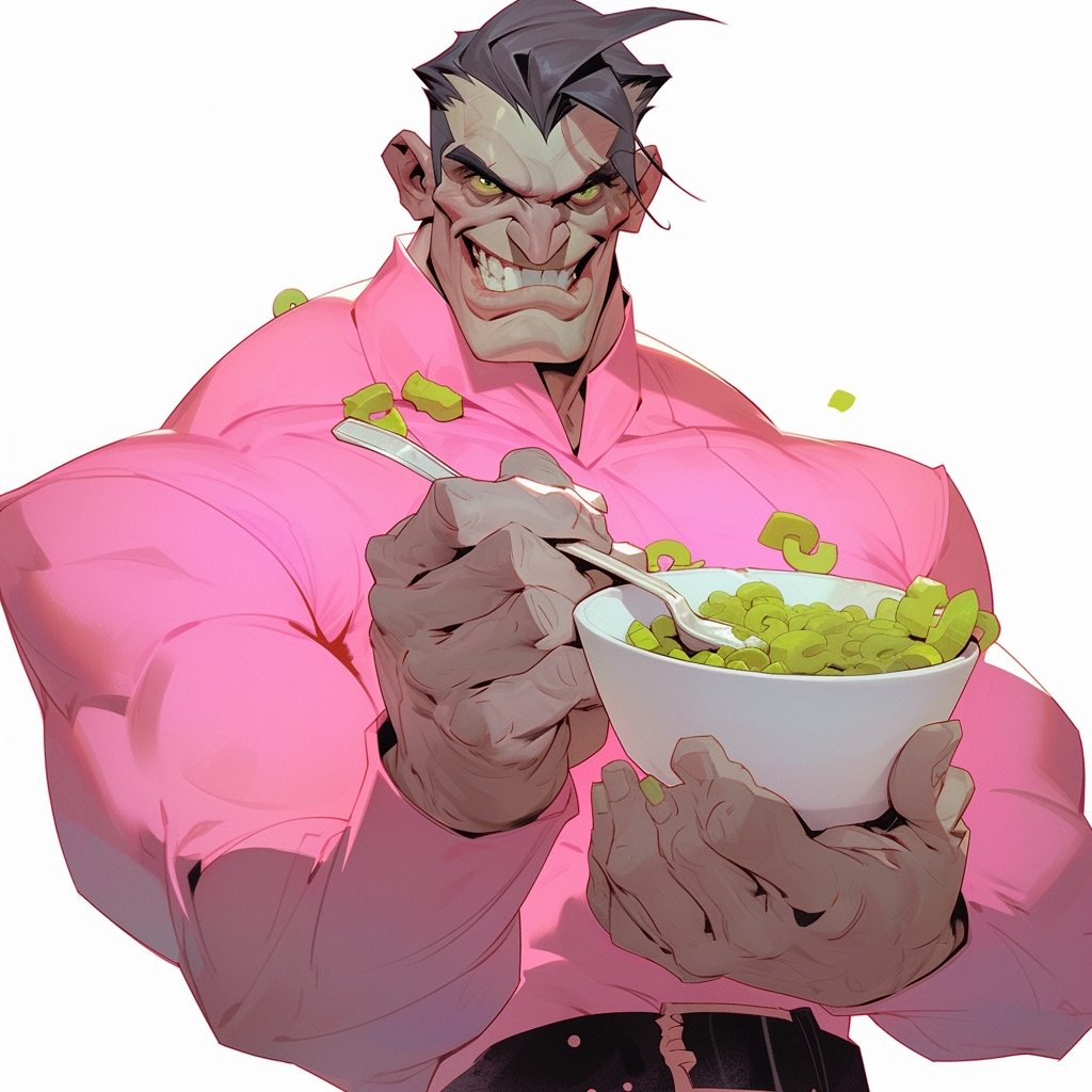 Poster depicts muscular Frankenstein with pink skin, smiling.