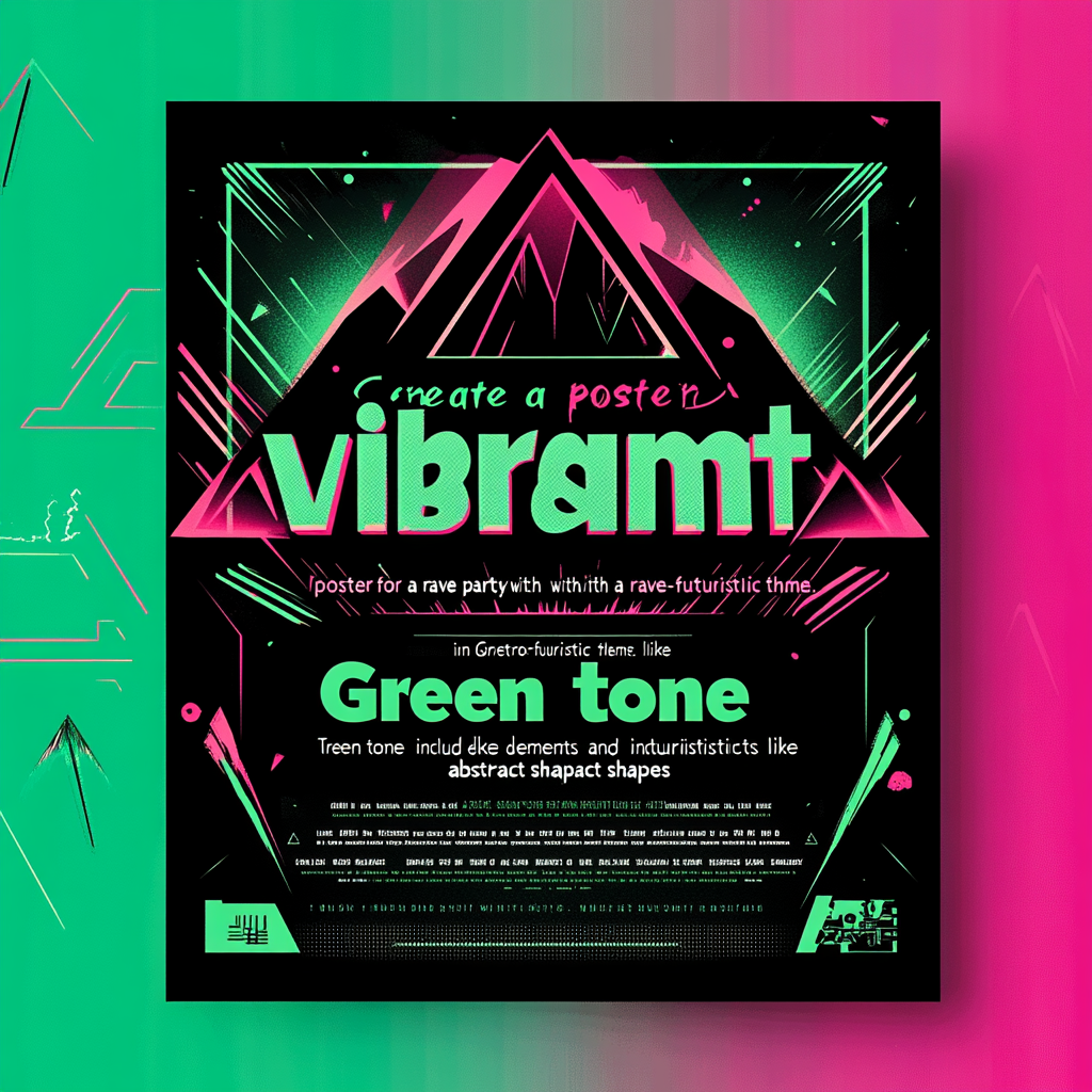 Poster for rave; retro-futuristic theme; green tone; abstract shapes.