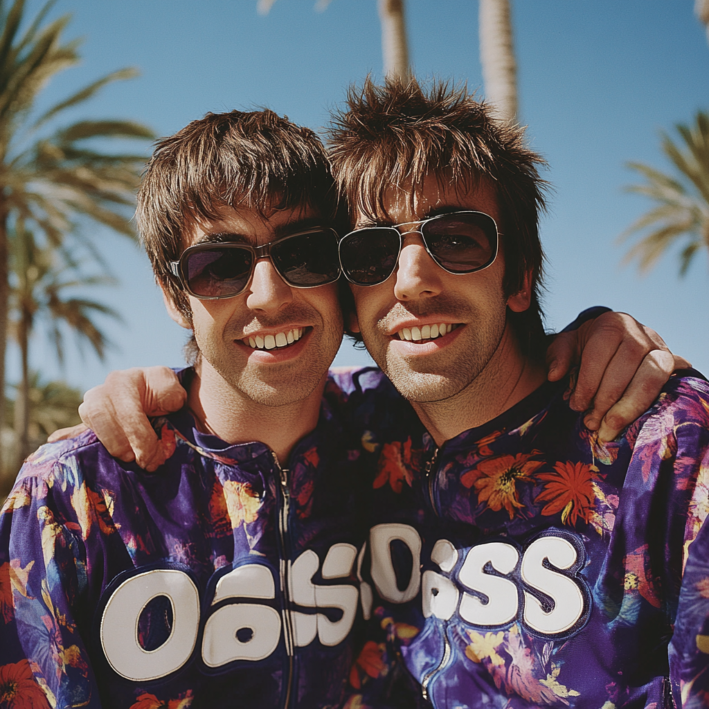 Poster with Noel and Liam Gallagher from Oasis smiling.