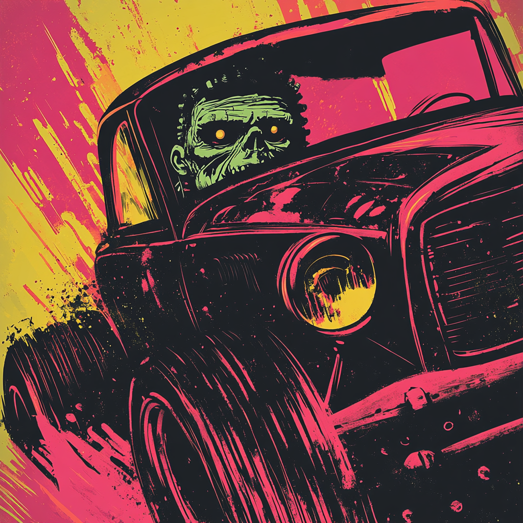 Poster: Frankenstein's monster drives American hot rod.