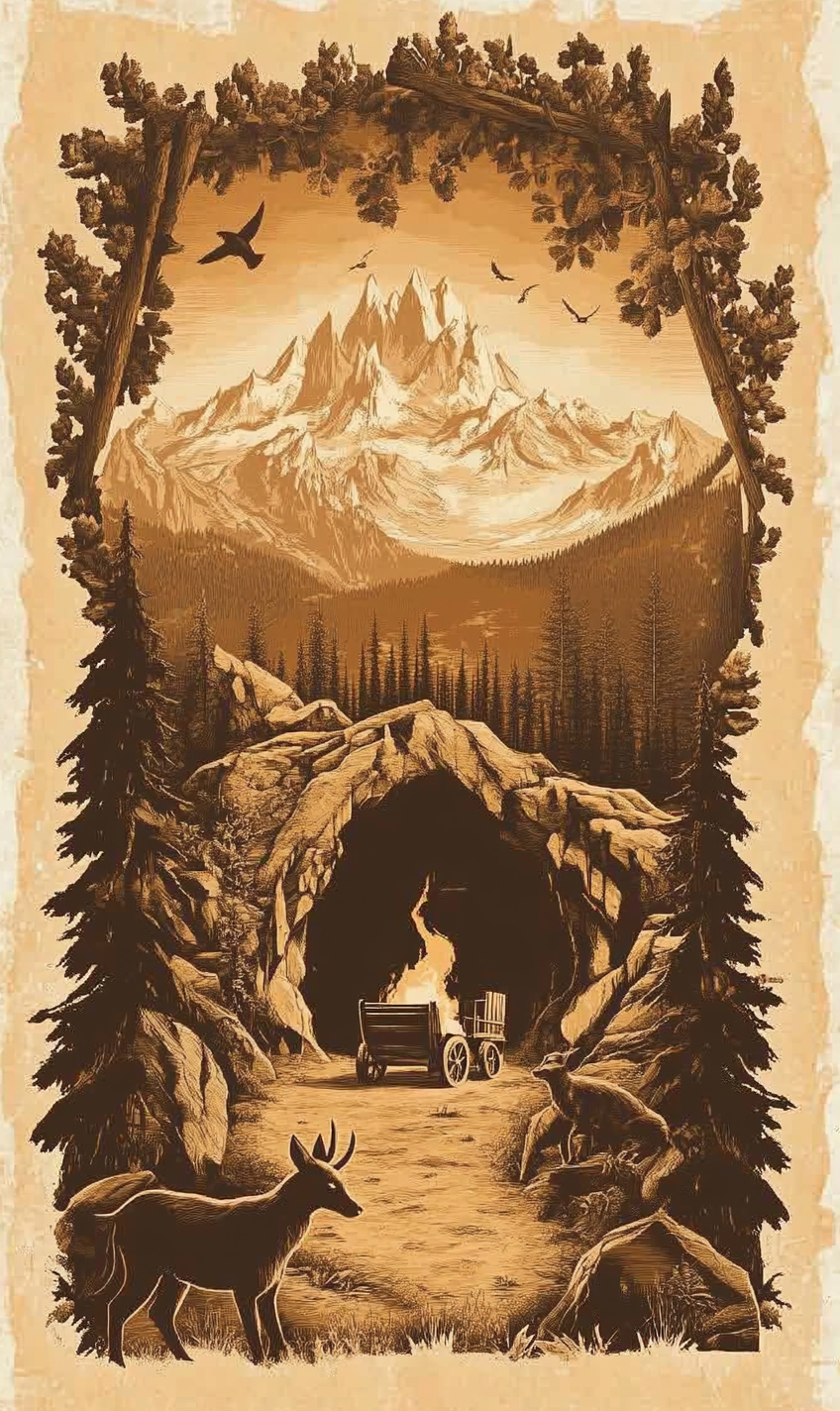 Poster: Mining company with Yggdrass, mountain, campfire, animals.