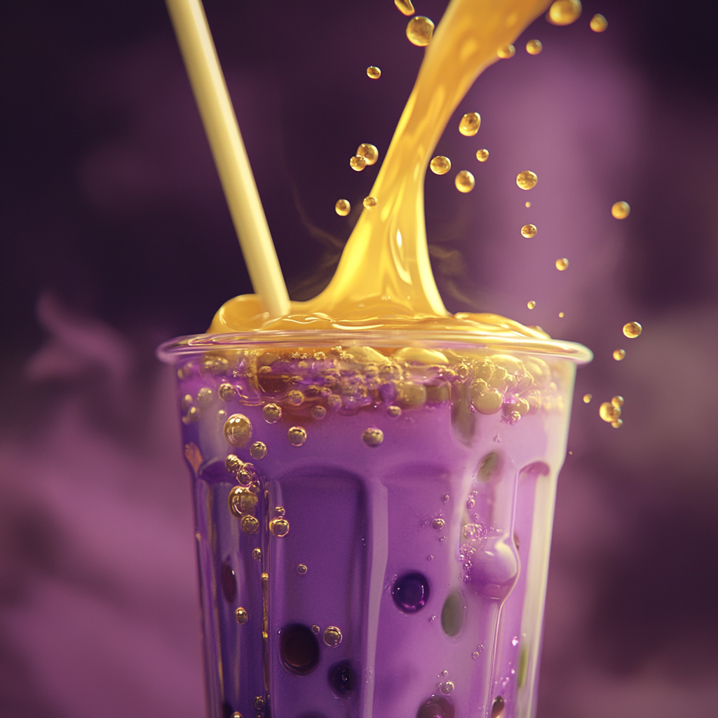 Pouring yellow liquid into purple bubble tea glass