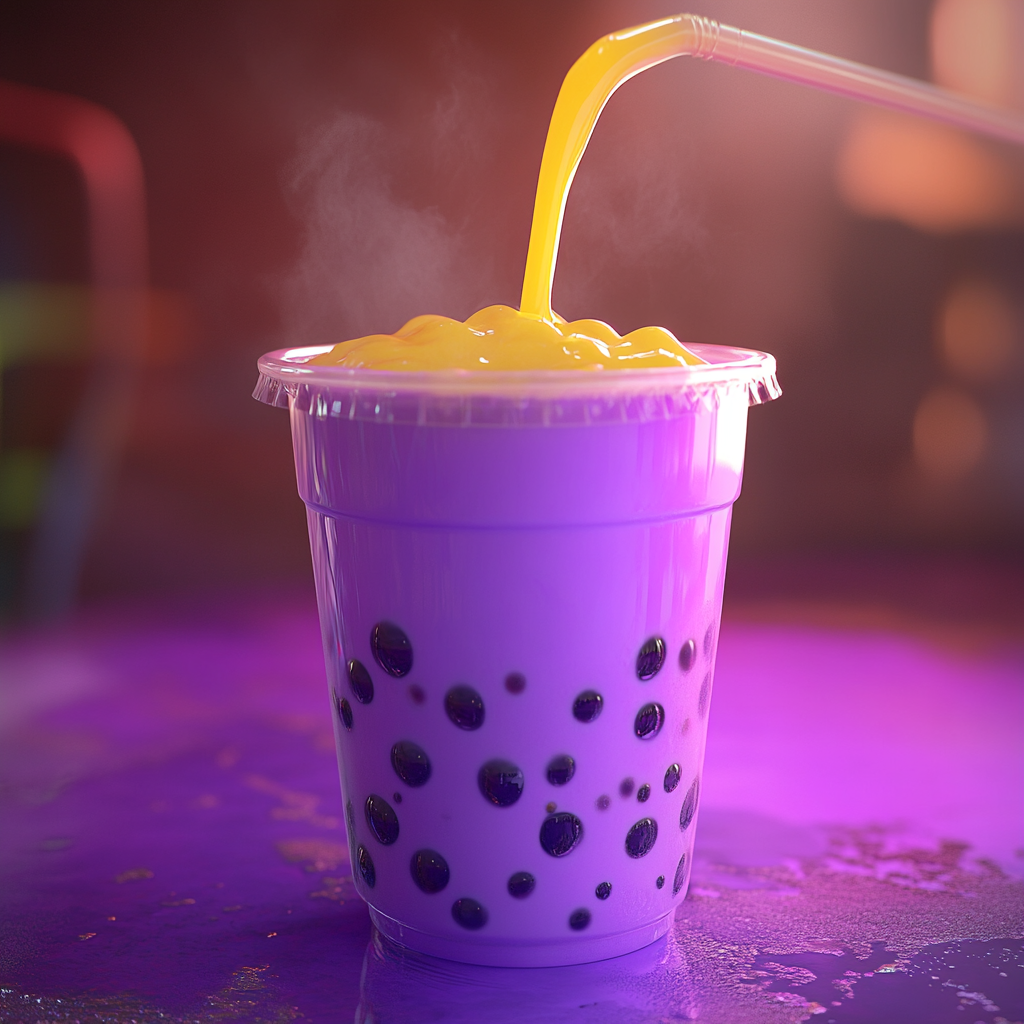 Pouring yellow liquid into purple bubble tea with straw.