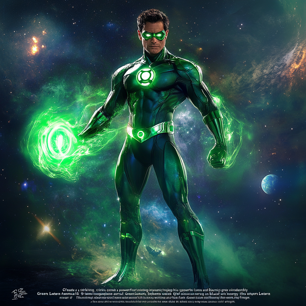 Powerful Green Lantern with glowing suit and energy shield.